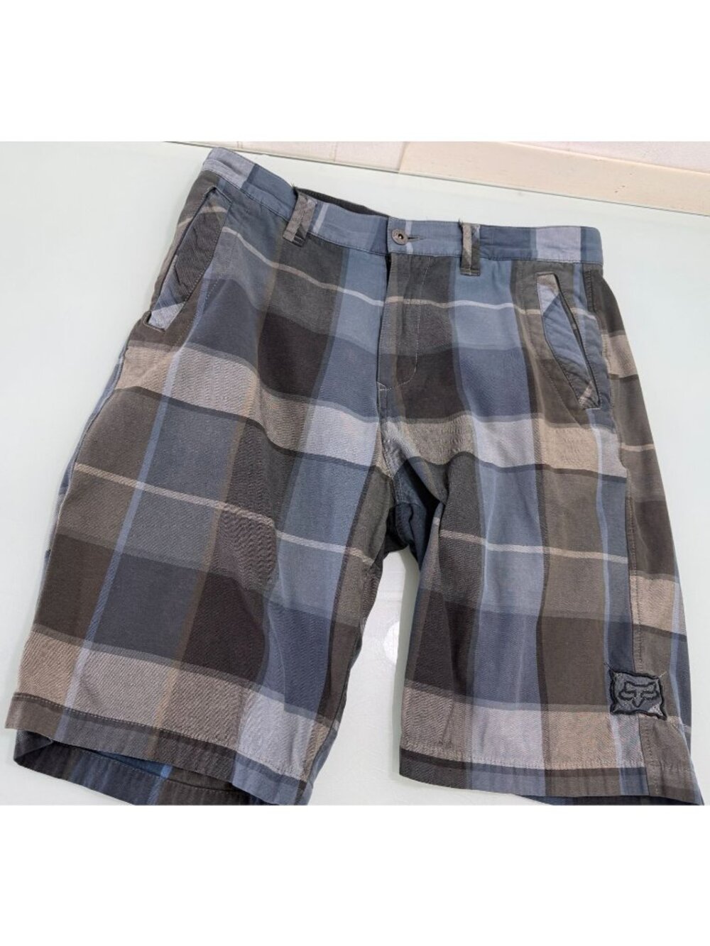 Vintage Y2K Fox Shorts 34 Plaid Blue 10" Inseam Racing Motorcross Skater Cali